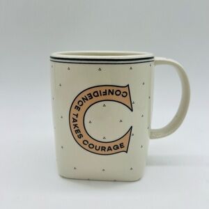 Anthropologie Cream Square Ceramic Mug with C For Confidence  & Courage Logo
